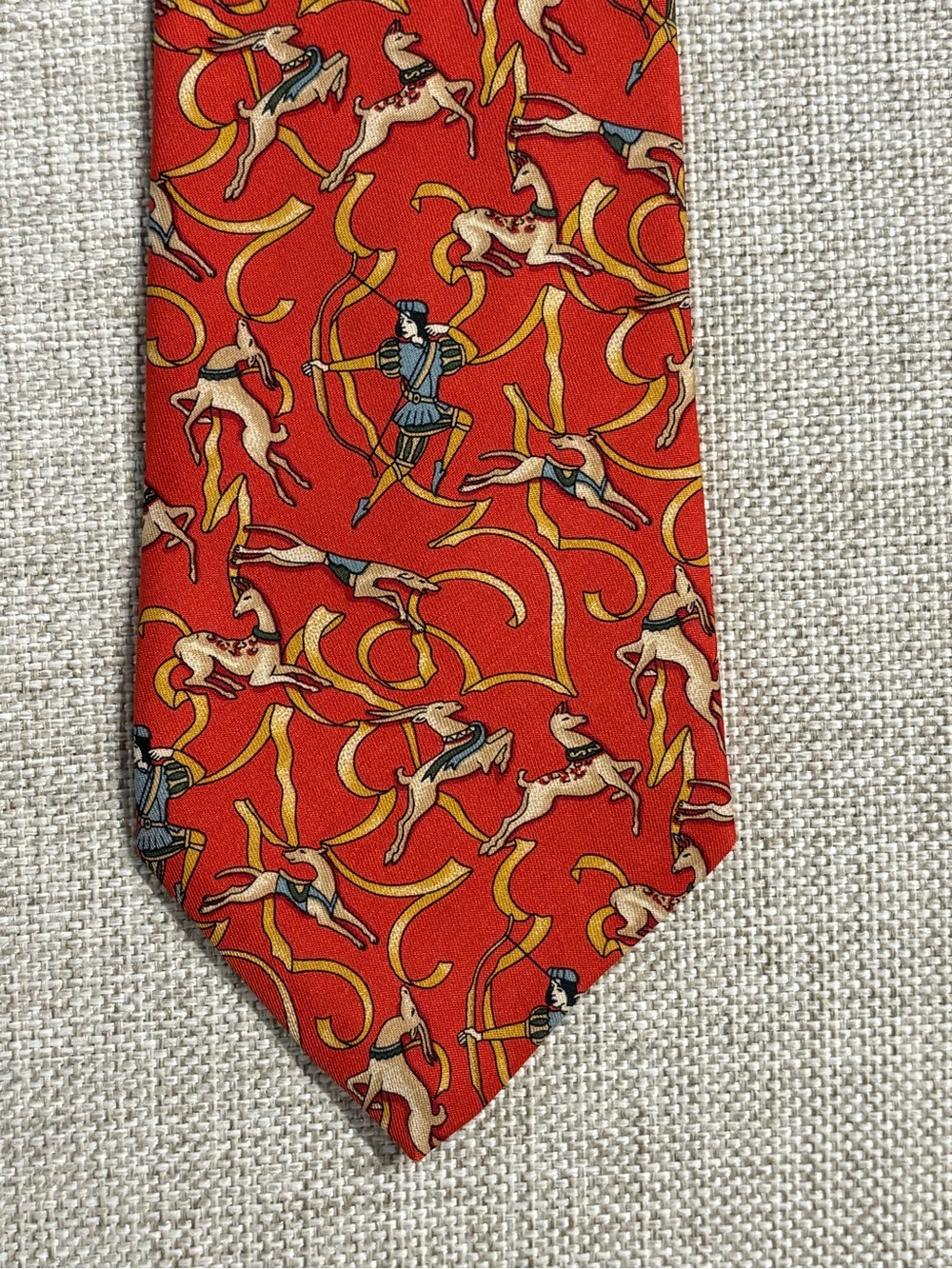 Salvatore Ferragamo Silk Tie Medieval Hunt Archer Hounds Burnt Orange